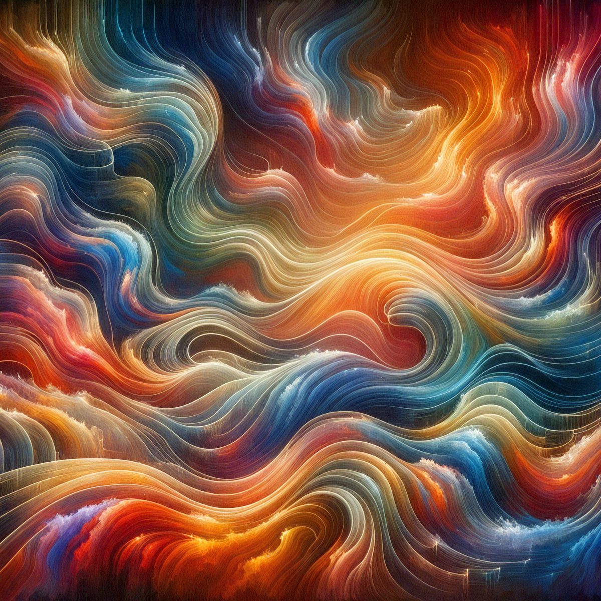 The primary subject of the image is a vibrant and colorful painting featuring a swirling, abstract design. The setting is a wall, and the visual style is a combination of digital art and illustration. The painting is filled with various colors, creating a lively and energetic atmosphere.